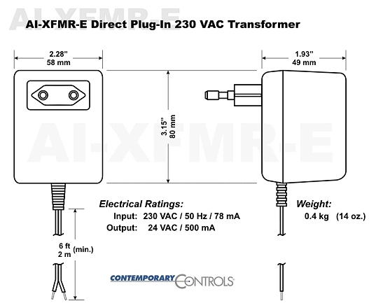 AI-XFMR-E | Contemporary Control Systems | WALL-MOUNT TRANSFORMER 220VAC