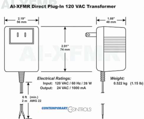 AI-XFMR | Contemporary Control Systems | WALL-MOUNT TRANSFORMER 120VAC (nom)