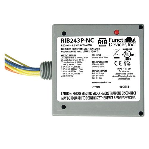 RIB243P-NC | Functional Devices | Power Relay 20 Amp 3PST-N/C 24 Vac/dc