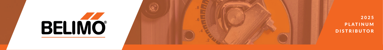 Building Controls & Solutions recognized as a 2025 Belimo Platinum Distributor – featuring Belimo logo and actuator background in orange theme.