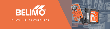 Building Controls & Solutions recognized as a 2025 Belimo Platinum Distributor – featuring Belimo logo and actuator background in orange theme.