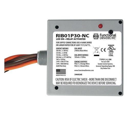 RIB01P30-NC | Functional Devices | Power Relay 30 Amp DPST-N/C 120 Vac C