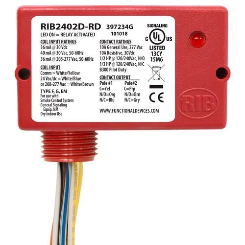 RIB2402D-RD | Functional Devices | Pilot Relay 10 Amp DPDT 24 Vac/dc/208